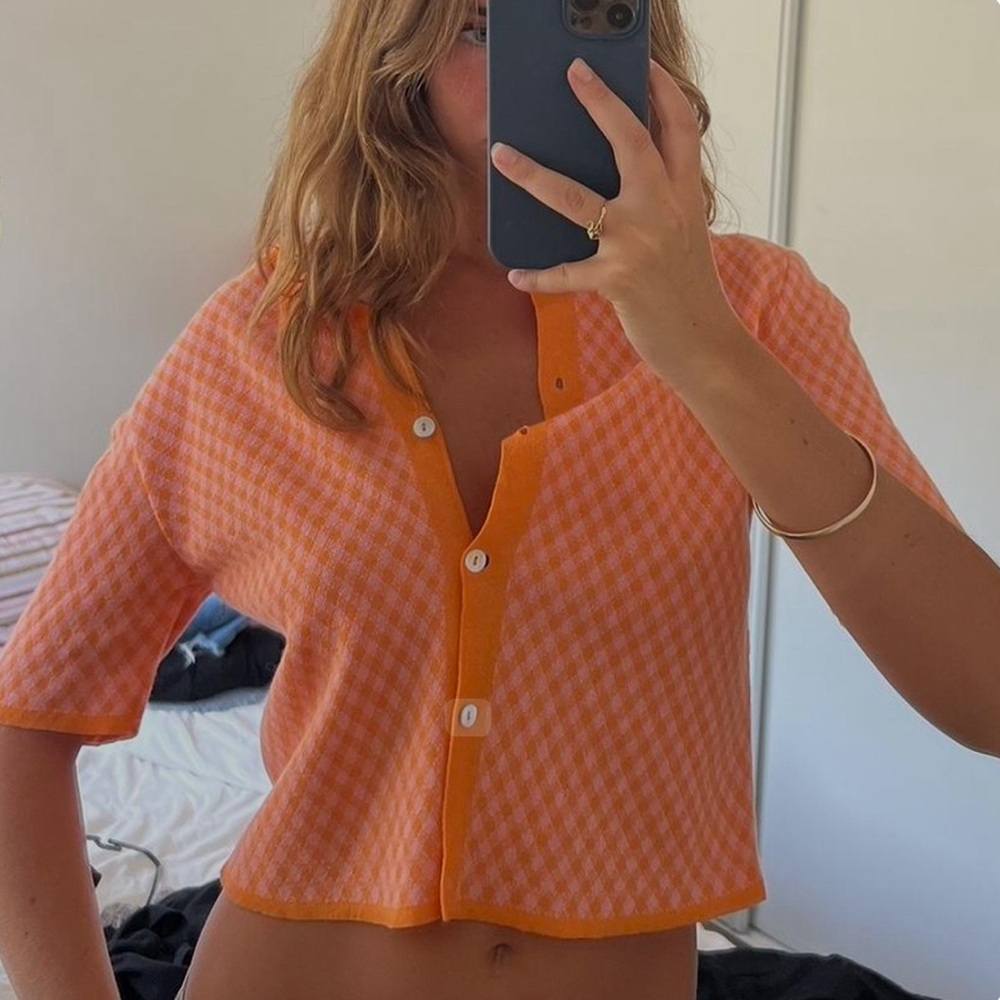 Zara pink and orange checkered cardigan